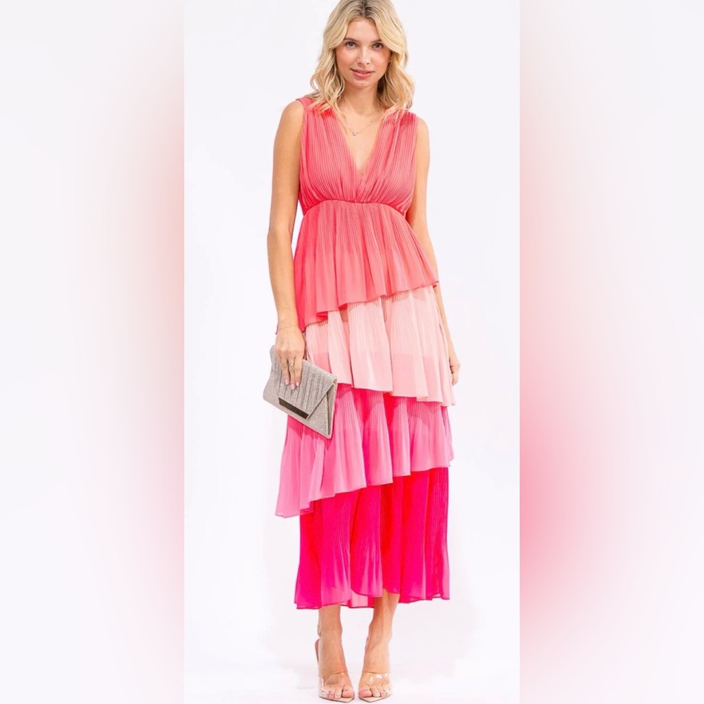 WOMEN'S SLEEVELESS V-NECK RUFFLE TIERED COLORBLOCK MAXI DRESS ( No Large Size)